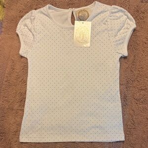 The Beaufort Bonnet Company White & Periwinkle Polka Dot Top.